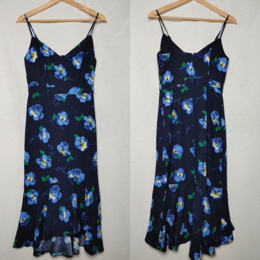 Banana Republic Sleeveless V-neck Midi Dress Ruffle Hem‎ Blue Floral 2